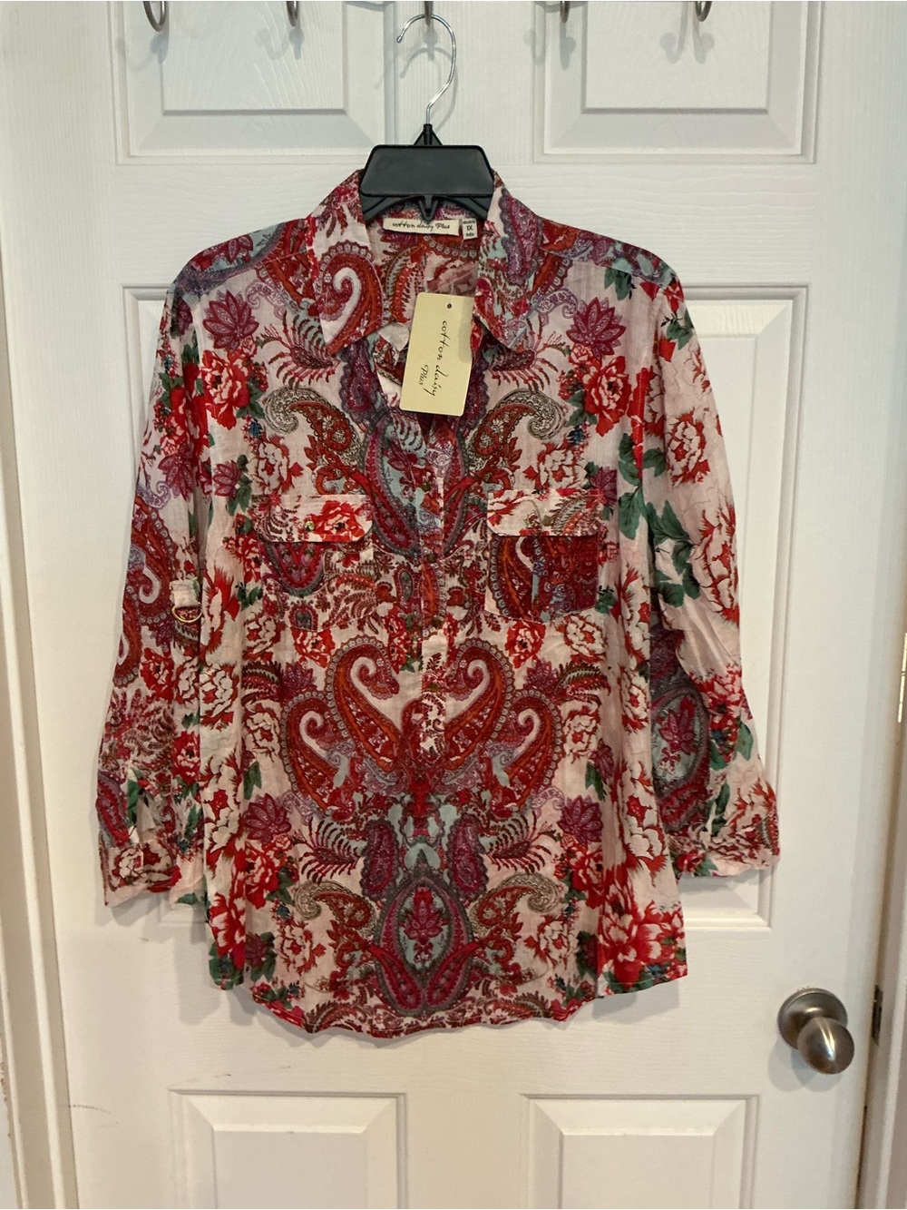 Paisley Floral Button-Down Shirt in Red - Women's Lightweight Blouse